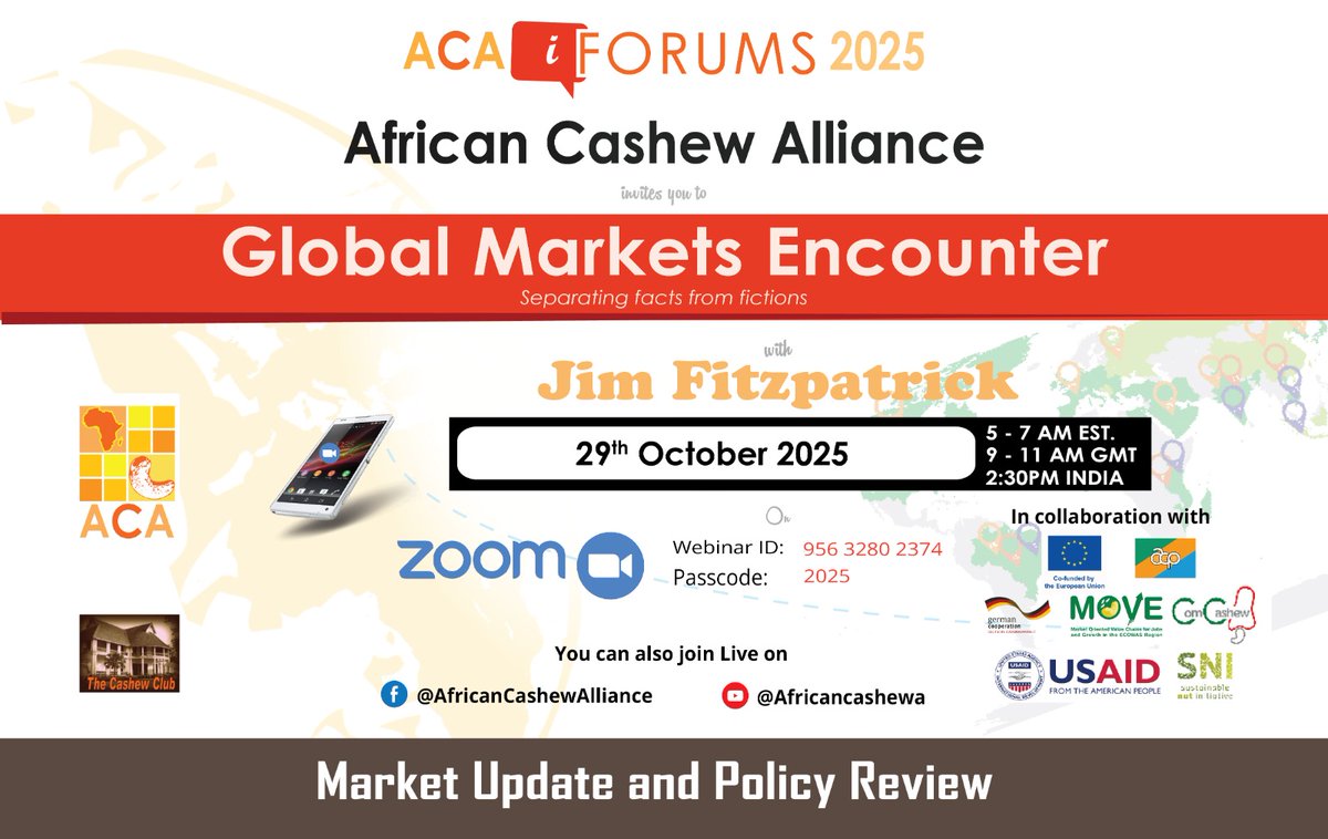 GME Tomorrow! 
Join the Global Markets Encounter (GME) with Jim Fitzpatrick tomorrow, for the latest updates on global cashew trends and policies. 
Zoom: us06web.zoom.us/j/95632802374?…
Live on YouTube and Facebook.