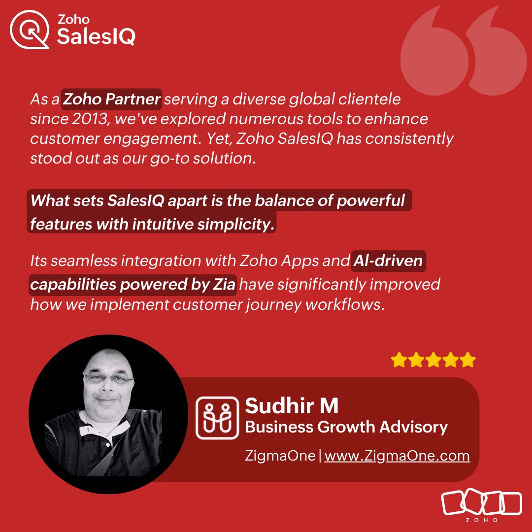 ZohoSalesIQ's tweet image. #PartnerSpotlight

Here’s why our partner @zigmaone trusts Zoho SalesIQ to power customer engagement across their global clientele.

#ZohoPartner #ZohoSalesIQ #Zoho