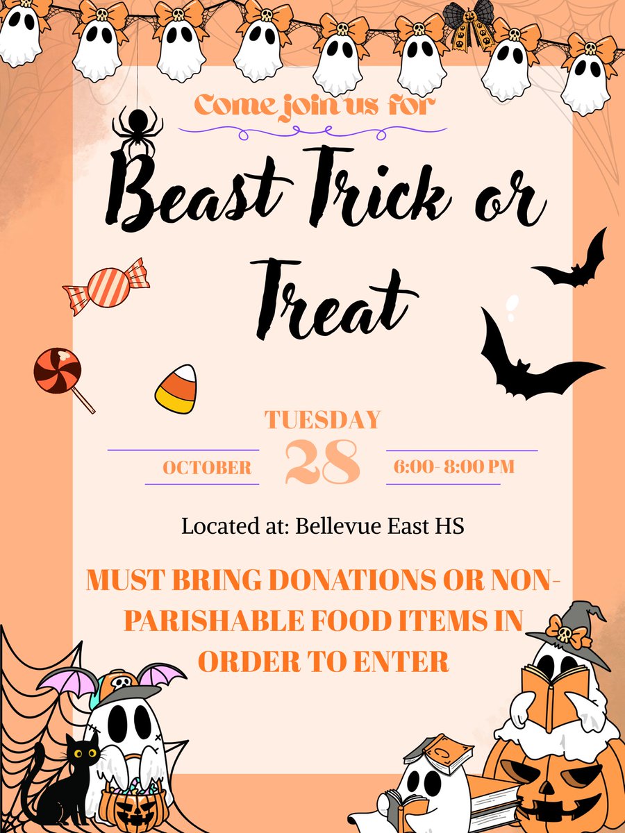 Tonight is the night! Can’t wait to see all of our trick or treaters from 6-8 at Bellevue East.
To enter, bring canned goods or any non-perishable food items for Bellevue food Pantry <a href="/ChieftainNation/">Bellevue East</a> <a href="/Avery_Tigers/">Avery Elementary</a> <a href="/BellevueSchools/">Bellevue Public Schools</a> <a href="/CougarsCE/">Central Elementary</a> <a href="/BLPanthers1/">Belleaire Elementary</a> <a href="/missionbraves/">Mission Braves</a>