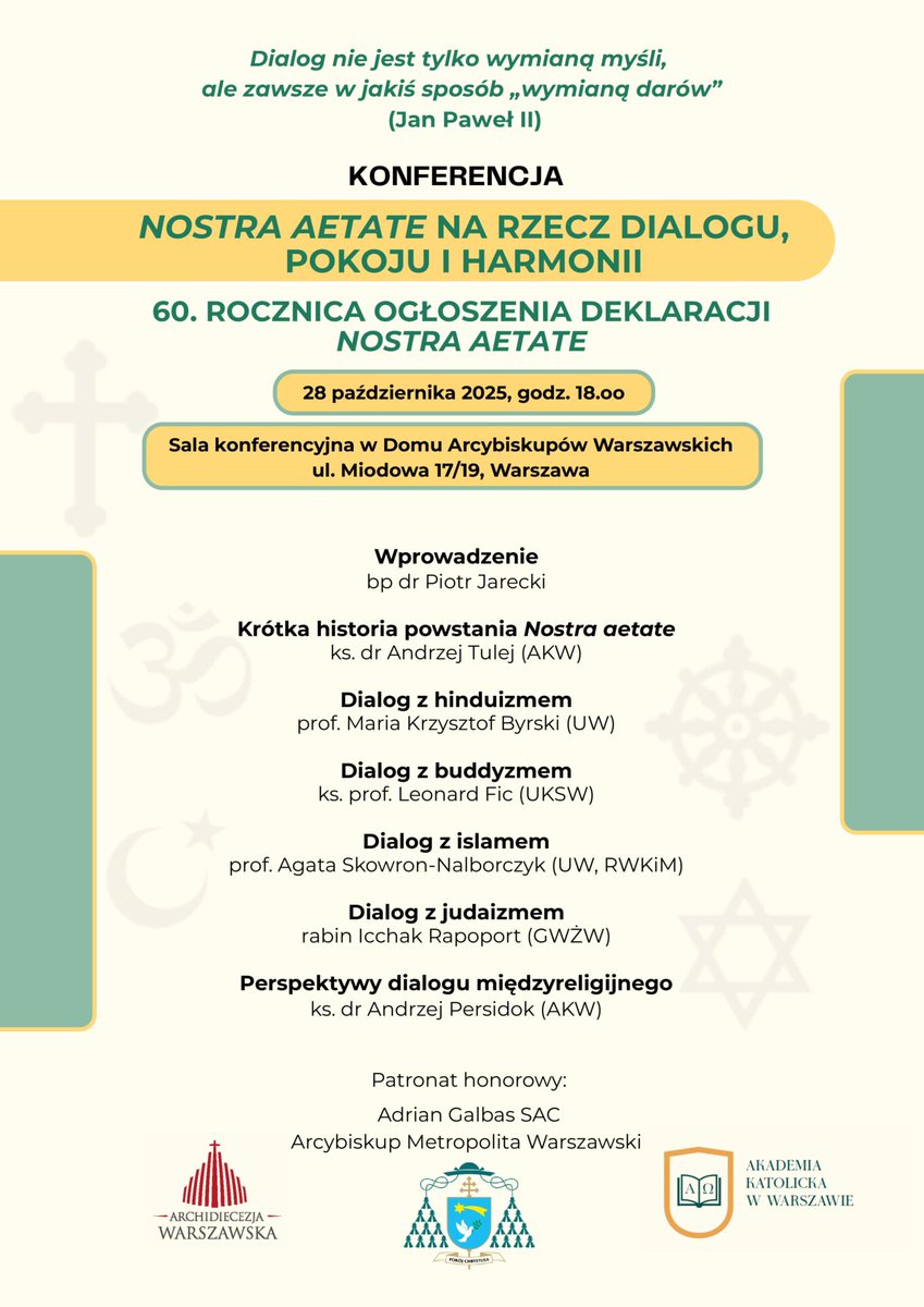 Dziś w sali konferencyjnej Domu Arcybiskupów odbędzie się konferencja z okazji 60. rocznicy ogłoszenia deklaracji "Nostra aetate" Soboru Watykańskiego II. Zapraszamy!