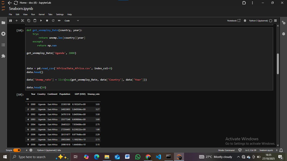 Nakel_west's tweet image. Today I explored Seaborn for data visualization 

Used barplot and boxplot to visualize Nigeria’s GDP growth (2000–2021) 

Amazing how these plots reveal both trends and value distribution.
📊 barplot -shows GDP changes over the years
📦 boxplot -reveals the overall distribution