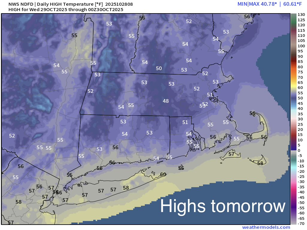 Tonight: Mostly cloudy. Continued breezy at the shoreline where there can be a few light scattered showers or some drizzle. Mildest to the SE where it’s 45-50º…coolest NW where the Berkshires are near freezing…in the middle around 40º give or take.  

Wednesday: ⛅️🌥️💧🌬️