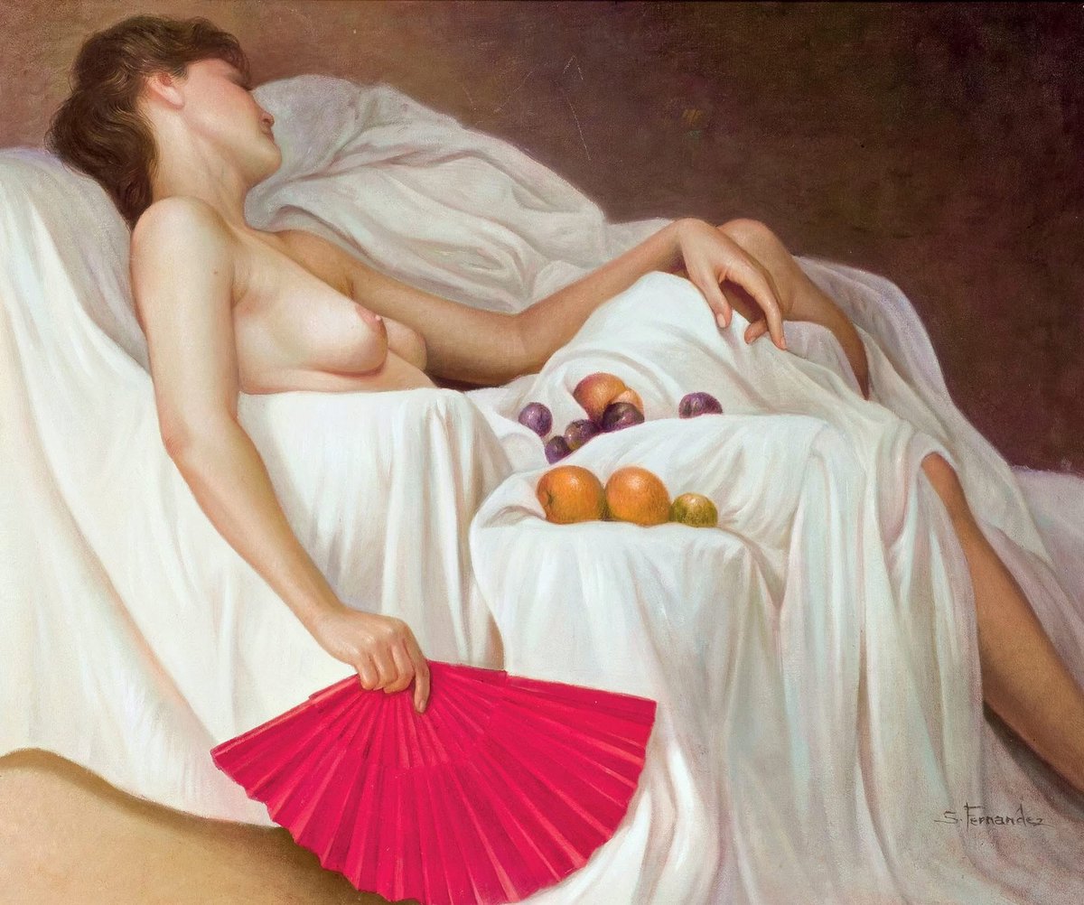 Le vêtement et l’accessoire féminins en rose et en peinture pour #Octobrerose2025
✦ Soledad Fernández 🇪🇸, L’Éventail rose, 1997