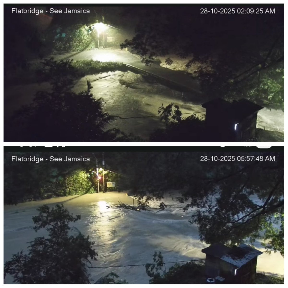 MsGillyJ's tweet photo. Took a pic before I went to bed and after I woke up. #Flatbridge #hurricanemelissa https://t.co/QzMWOdIzCW