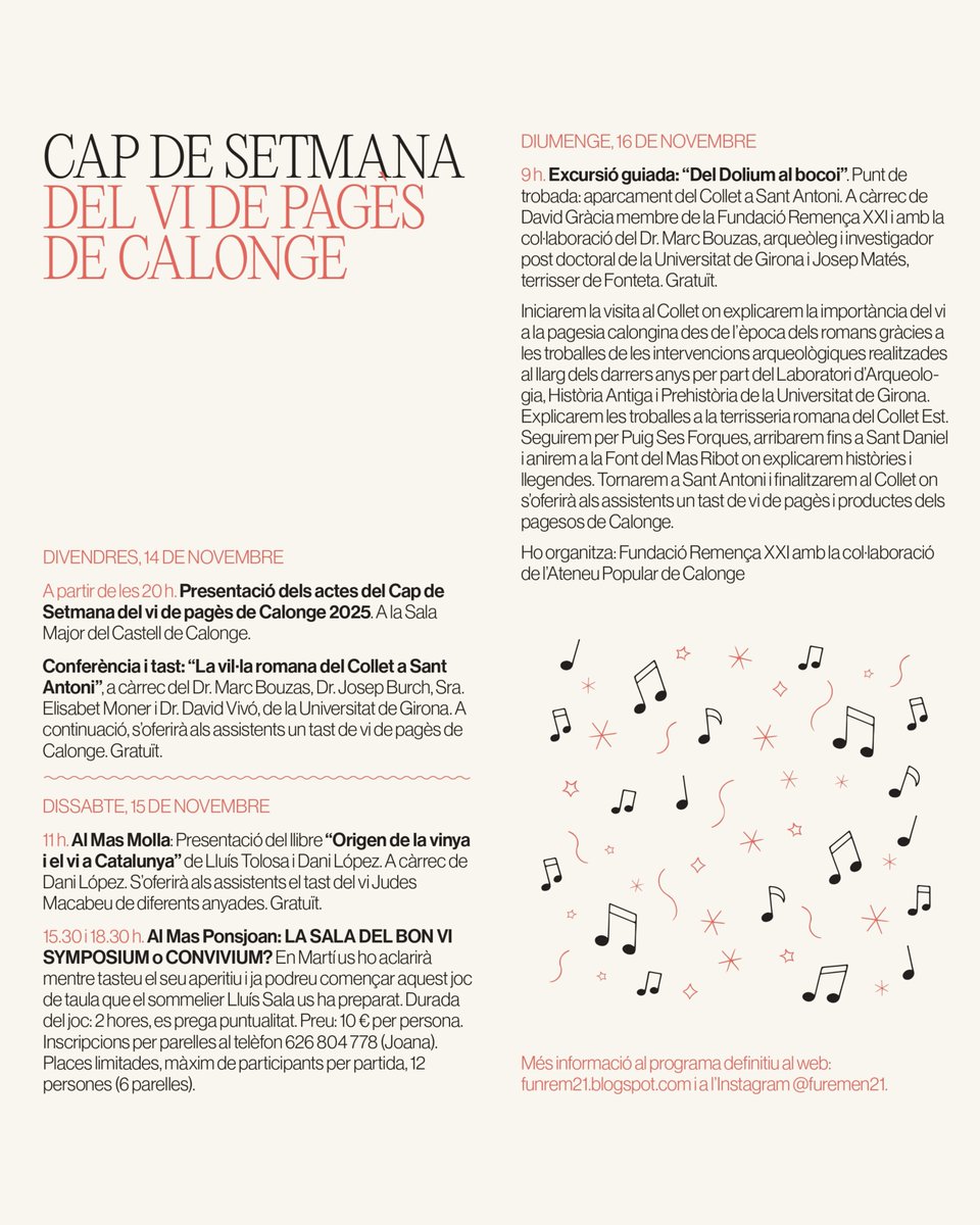 Ajuntament de Calonge i Sant Antoni (@ajuntcalonge) on Twitter photo 🎉 El novembre a Calonge és sinònim de FESTA MAJOR DE SANT MARTÍ, FESTA DEL VI NOU i CAP DE SETMANA DEL VI DE PAGÈS. Consulteu tota la programació a aquesta publicació o a la capçalera de calongeisantantoni.cat
➕Les activitats amb reserva prèvia, a reserves.calongeisantantoni.cat 🎉 El novembre a Calonge és sinònim de FESTA MAJOR DE SANT MARTÍ, FESTA DEL VI NOU i CAP DE SETMANA DEL VI DE PAGÈS. Consulteu tota la programació a aquesta publicació o a la capçalera de calongeisantantoni.cat
➕Les activitats amb reserva prèvia, a reserves.calongeisantantoni.cat