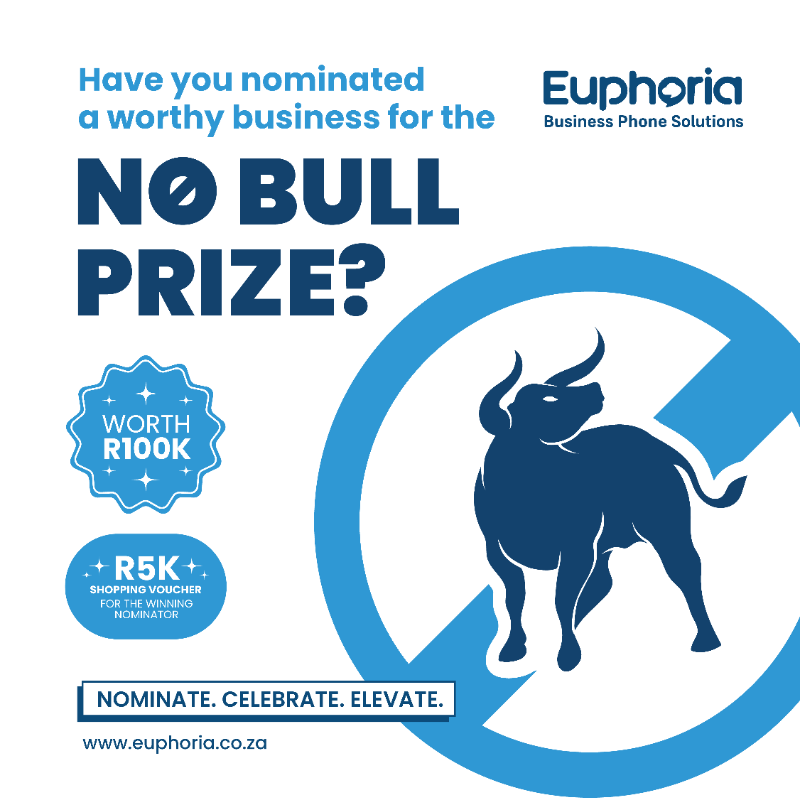 EuphoriaTelecom's tweet photo. Have you nominated a worthy business for the No Bull Prize?
Not only will that business stand a chance to win a R100,000 growth acceleration package, but you could walk away with a R5,000 Takealot voucher. 
Nominate today. Celebrate service. And hopefully win big. Ts&amp;Cs apply