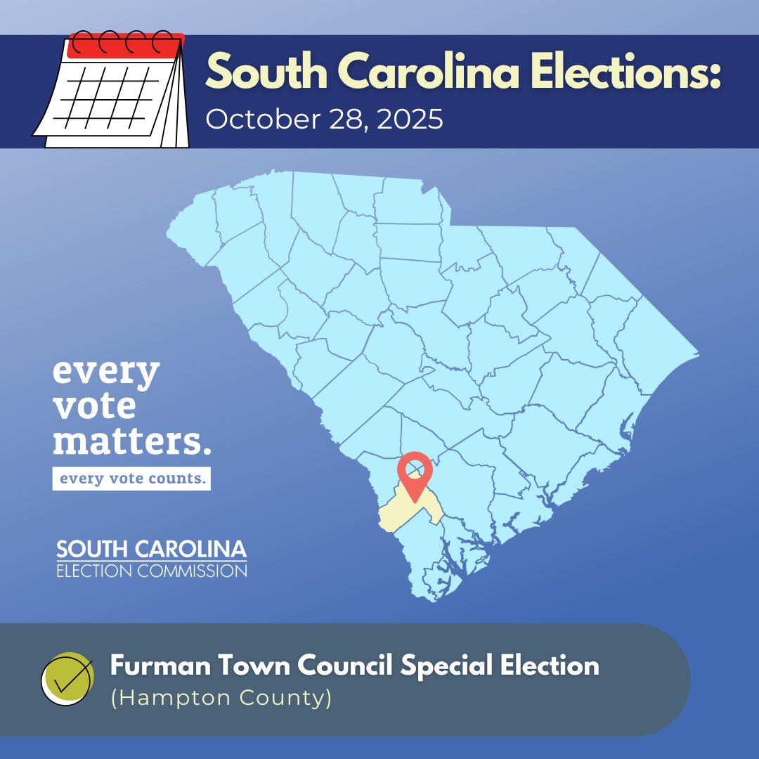 scvotes's tweet image. Good morning voters! Today is #ElectionDay in Hampton County:

🗳️ Furman Town Council Special Election

🔗 scVOTES.gov

#scVOTES