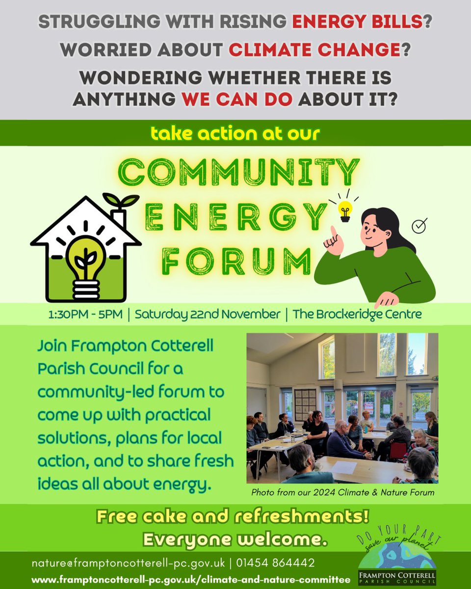 ⚡️Community Energy Forum 
📅Date: 22/11/2025 
⏰Time: 1:30 – 5PM 
📌Location: The Brockeridge Centre, BS36 2LQ.

All welcome :)

framptoncotterell-pc.gov.uk/community-ener…

#FCPC #Climate #Nature #Energy #FramptonCotterell #SouthGloucestershire #Community #ClimateAction
