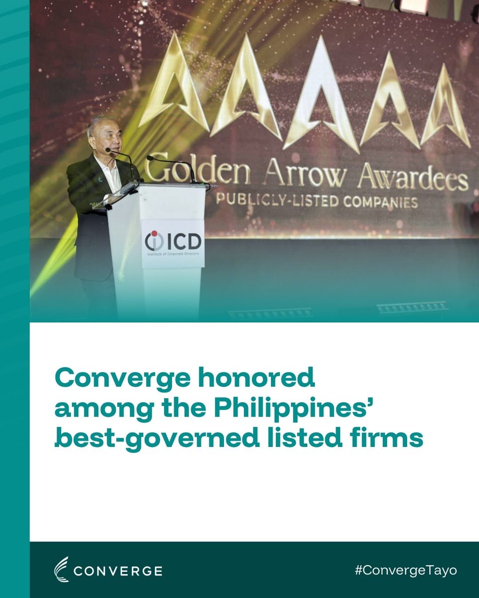 From Three Arrows to Five! We’re proud to be recognized with the Five Golden Arrow rating under the ASEAN Corporate Governance Scorecard — the highest distinction for corporate governance in the Philippines.

More: cnvrge.co/gaa25

#ConvergeTayo 
#FromFiberToFuture