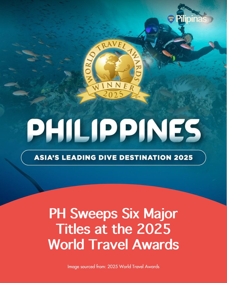 ditosapinas1's tweet image. The Philippines wins 6 major titles at the 2025 World Travel Awards! 🌏🏖️ Celebrating our stunning beaches, dive spots, and warm hospitality.  

READ MORE: tinyurl.com/39n5cv7b

#ItsMoreFunInThePhilippines #WTAAwards2025 #PhilippinePride #TravelGoals #DitoSaPilipinas #dsp