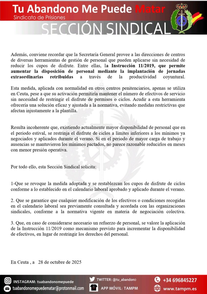 📢 Queja formal registrada

Mostramos nuestro total rechazo a la limitación del número de funcionarios que pueden acogerse a turnos por ciclo o sueltos de descanso. ❌

No tiene sentido reducir ahora lo que en épocas estivales se ha permitido según el calendario laboral firmado.