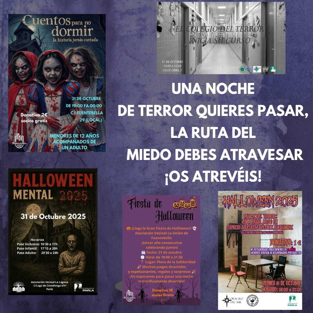 👁Halloween en las #AsociacionesVecinales de #Parla‼️‼️

Un año más los locales se visten con sus galas más terroríficas para ofrecer diferentes actividades para pasar una noche de muerte...😈

Planifica tu itinerario que hay varias ofertas y diferentes horarios.

Viernes 31!!!!