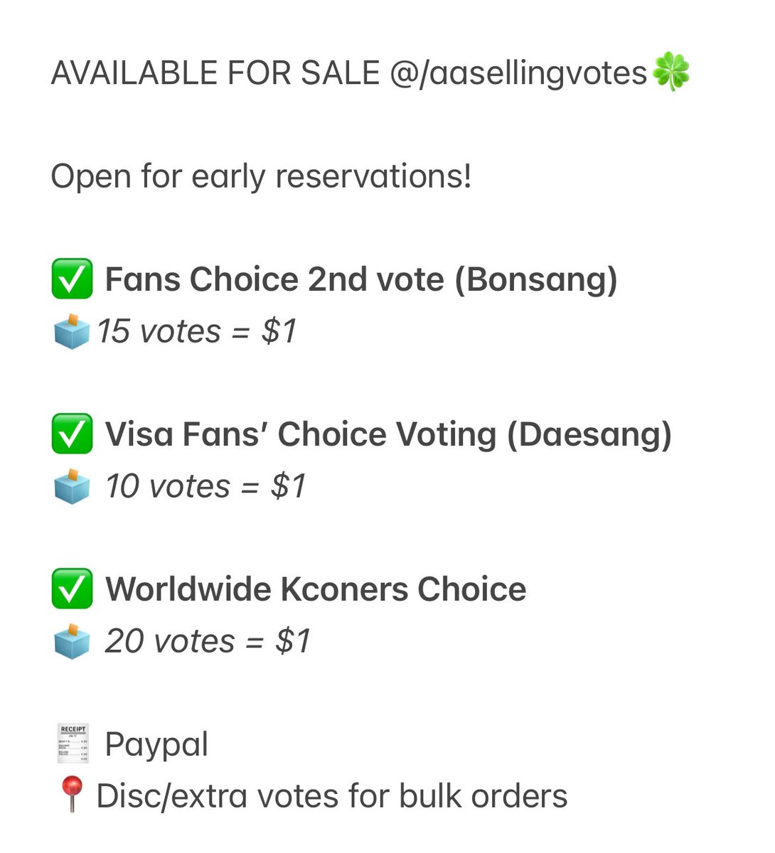 aasellingvotes's tweet image. AVAILABLE FOR SALE 📣
Open for early reservations! 
✅ Fans Choice 2nd vote (Bonsang)
✅ Visa Fans’ Choice Voting (Daesang)
✅ Worldwide Kconers’ Choice 
🧾 Paypal 
📍Disc/extra votes for bulk orders
wts lfb lfs 2025 mama awards sale vote kpop mnet plus mnet+