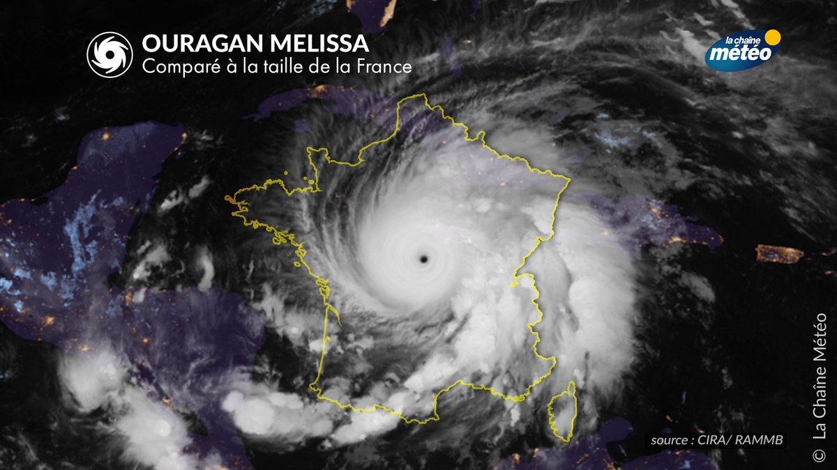 Pour se rendre compte de sa taille, l'#ouragan #Melissa comparé à la France. C'est l'intégralité du territoire Français qui serait soumise à son influence. Sa superficie couvre environ 500 000 km2.