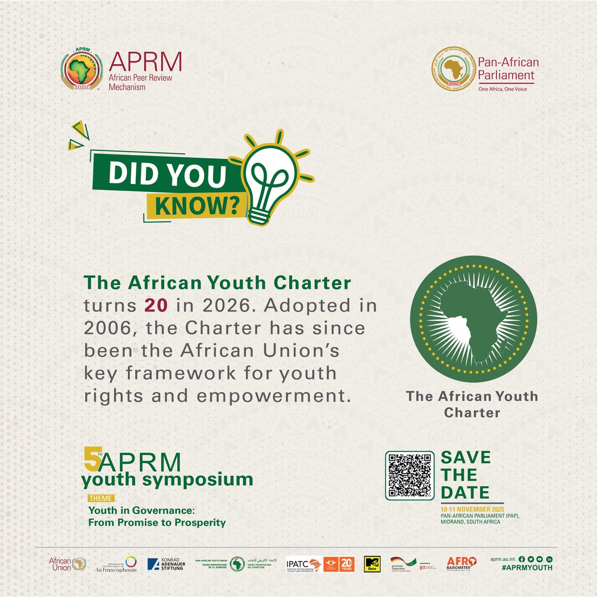 APRMorg's tweet image. The African Youth Charter turns 20 in 2026!
Adopted in 2006, it remains the African Union’s cornerstone for youth rights, participation, and empowerment.

As we advance Agenda 2063, the Charter underscores that meaningful youth engagement is not just a policy goal, it’s the…