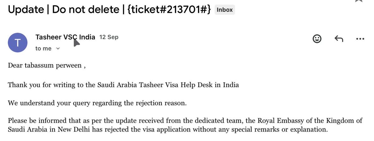 PerweenTab58938's tweet photo. @Shanewar3 @vfsglobalcare @VFSGlobal @mofasaudi @DrSJaishankar @IndianEmbRiyadh Thank you, @Shanewar3 , for bringing my case to your attention. I have sent an email to VFS regarding the second rejection and am still awaiting their unreasonable response. For the first rejection, please find below the reply I received from VFS, which was not satisfactory. https://t.co/tI9g4VS3br