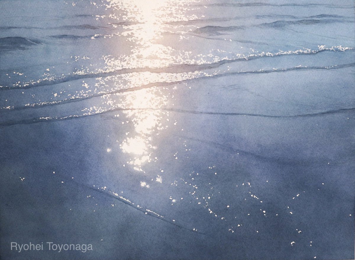 透明水彩は、紙の白を塗り残すことで光を表現します。
さまざまな色で陰影や光の輪郭を描くことにより、ただの紙の白が陽の光や花びらの色、水面に反射する光へと変化します。