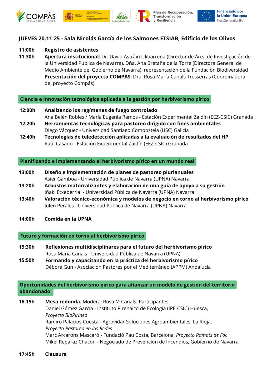 proyectocompas's tweet image. 🔥🌿Herbivorismo Pírico para conservar el paisaje:
@UNavarra acoge el cierre del @proyectocompas, donde exploramos el herbivorismo pírico como herramienta innovadora para la gestión sostenible del territorio. 
📅20 y 21 noviembre
🔗Agenda e inscripción 
proyectocompas.es/jornada-final