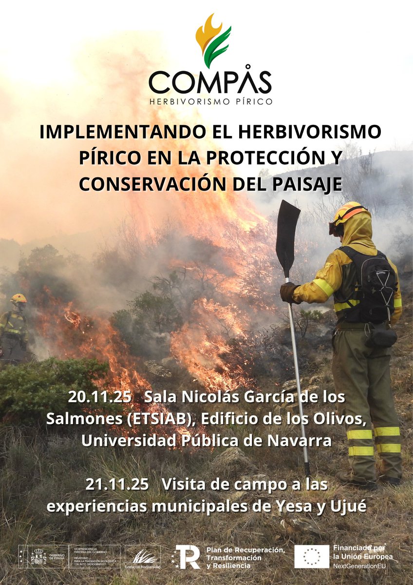 proyectocompas's tweet image. 🔥🌿Herbivorismo Pírico para conservar el paisaje:
@UNavarra acoge el cierre del @proyectocompas, donde exploramos el herbivorismo pírico como herramienta innovadora para la gestión sostenible del territorio. 
📅20 y 21 noviembre
🔗Agenda e inscripción 
proyectocompas.es/jornada-final