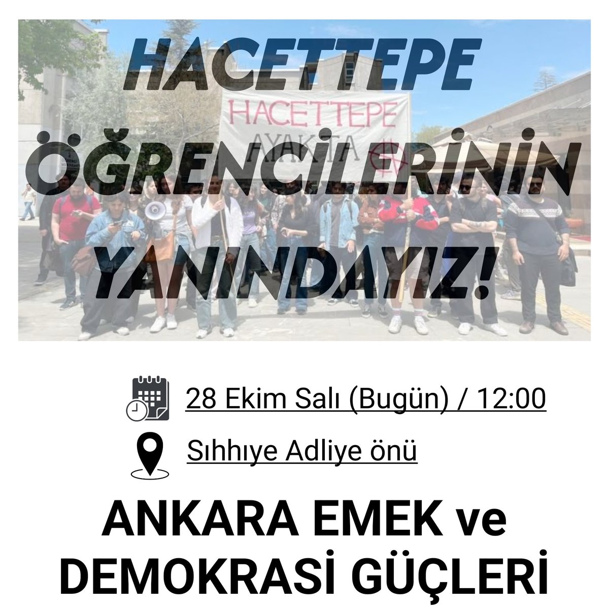 Dün, aralarında 2 ortağımızında bulundu onlarca kişi gözaltına alındı. 

Eşit, Özgür, Bilimsel eğitim yolunda mücadele veren Hacettepeli öğrencilerin yanındayız!

Gözaltılar derhal serbest bırakılsın!

📍 Sıhhıye Adliyesi
📅 28.10 2025 (Bugün)
🕖 12.00

#hacettepeayakta