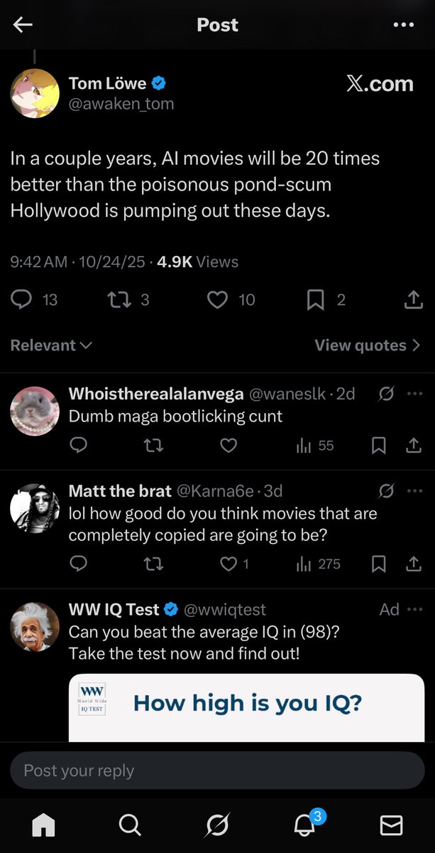 Greythorn_Video's tweet photo. @awaken_tom @Variety It’s kinda funny seeing the IQ test ad under your reply ngl lol https://t.co/A15jtRo4Pe