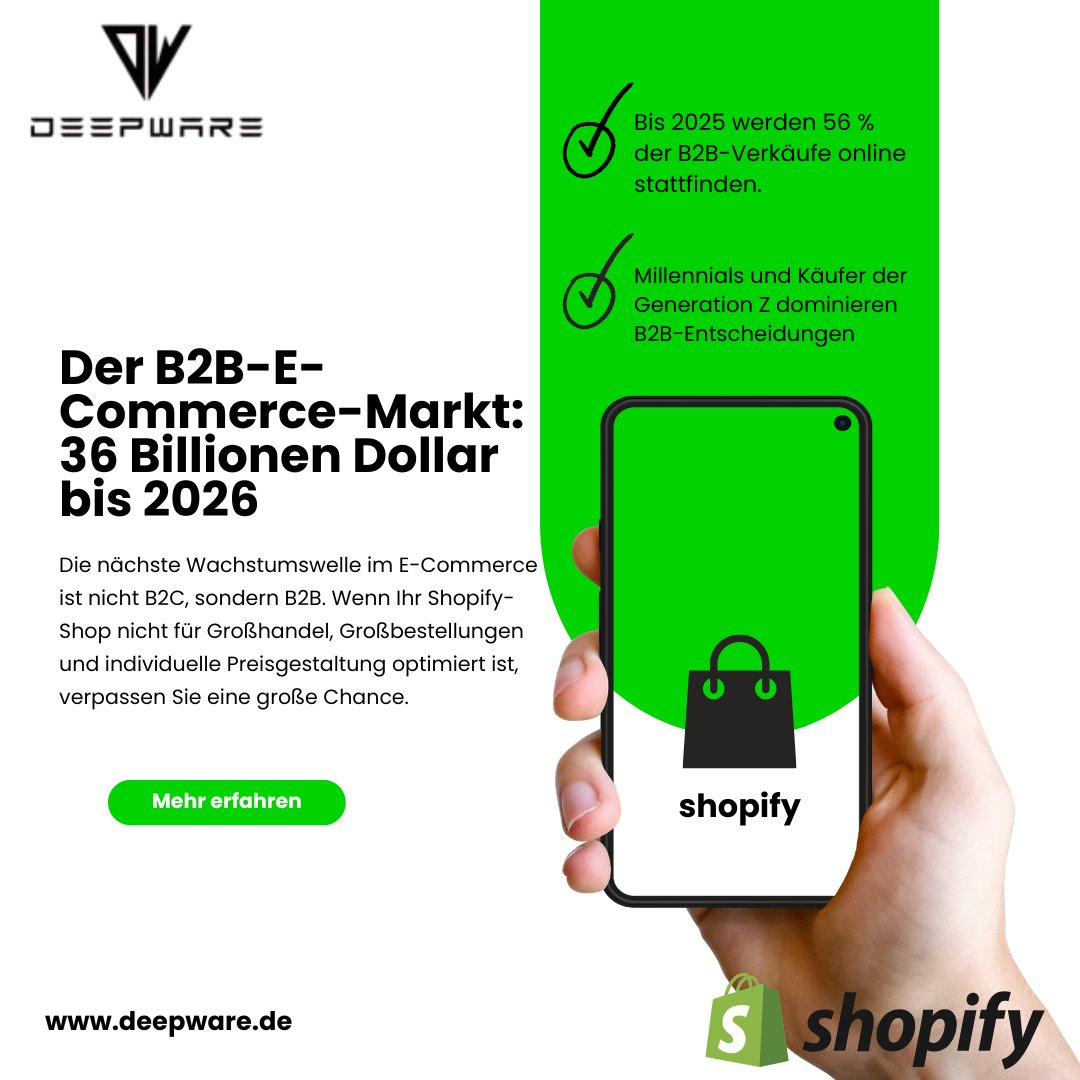 deepwaremunich's tweet photo. Der B2B-E-Commerce-Markt wächst rasant: über 36 Billionen US-Dollar bis 2026. 61 % der Käufer bevorzugen Self-Service. Wir helfen Unternehmen, ihre Shopify-Stores für modernes B2B mit Automatisierung und personalisierten Erlebnissen zu optimieren. https://t.co/QXC6r4cJ97