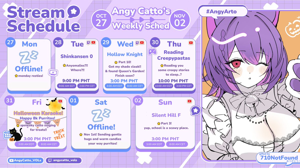 AngyCatto_'s tweet photo. 「 𑄝 #AngyCalendar ┆ 📅10.27 - 11.02 🜲 」   
spoopy week!! 👻 scawy train with anomalies D: hollow knight finale?! at queens garden+ 3rd trial! 🙀 reading creepypastas for purritos to eep! (can u tho?  cuz i used to eep to creepypastas...) 🎃 silent hill f! yup schools can rly be spoopy! 

LASTLY, 💖 HAPPY 8K PURRITOS!!!🍫 YATTA!🎃halloween karaoke to celebrate! 🍭