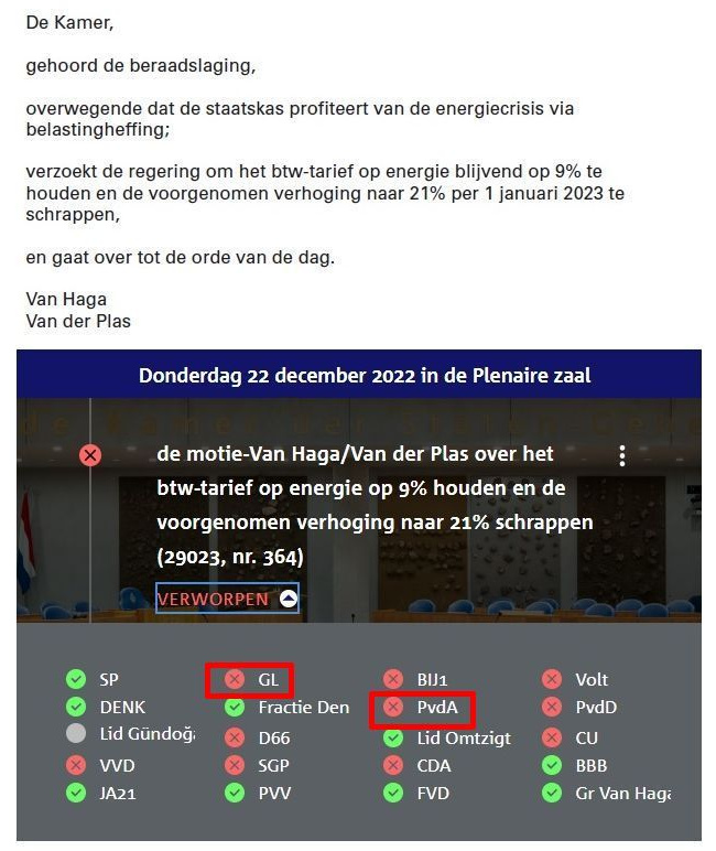 Niet vergeten.

Dat we nog steeds 21% BTW in plaats van 9% BTW op energie betalen hebben we te danken aan de partijen met de rode bolletjes, waaronder ook de club van Timmermans, die altijd beweren op te komen voor de mensen met een smalle beurs.