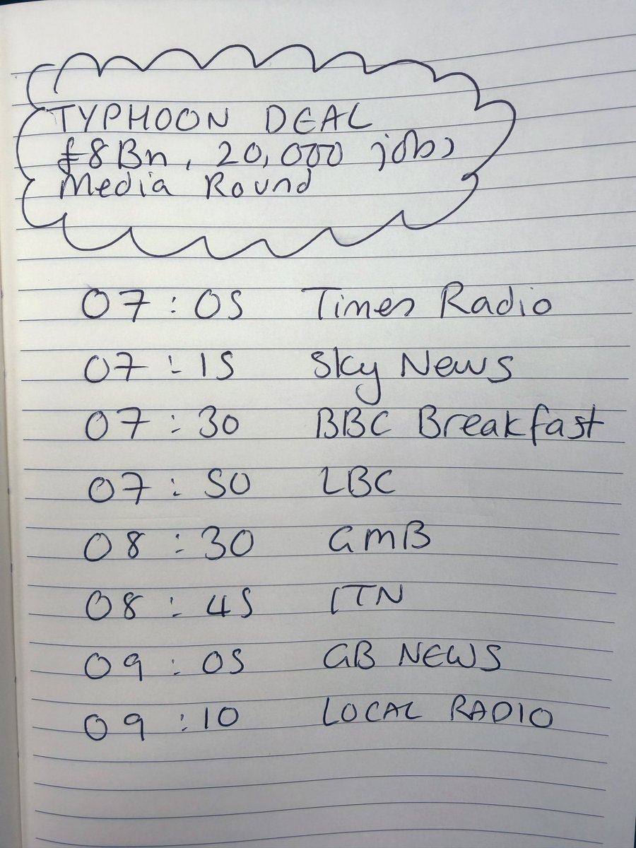 Yesterday we signed a £8billion deal with Türkiye for 20 Typhoon fighter jets. 

This morning I’m the Government spokesperson on the morning round talking about the biggest fighter jet deal in 20 years. 

Catch me at these times