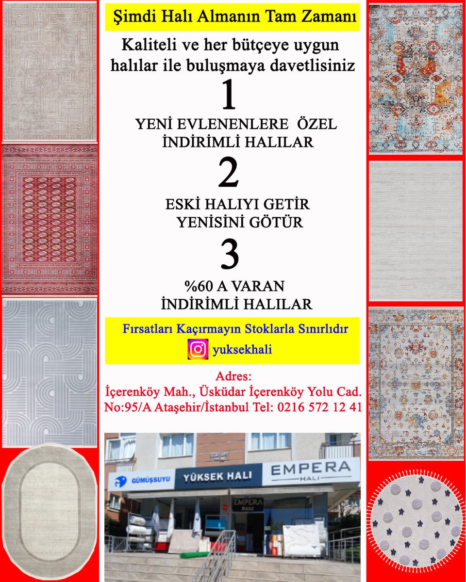 Yuksekhali's tweet photo. Stoklarla sınırlı bu fırsatları kaçırmayın!

🛑 Yeni Evlenenlere Özel İndirimli Halılar,
🛑 Eski Halıyı Getir Yenisini Götür,
🛑 % 60’a Varan İndirimli Halılar

🚛 Türkiye'nin her yerine ücretsiz kargo
�� Güvenli alışveriş

#indirimlihalı #HalıKampanyası #halımodelleri #carpet https://t.co/dG77dOA6QI