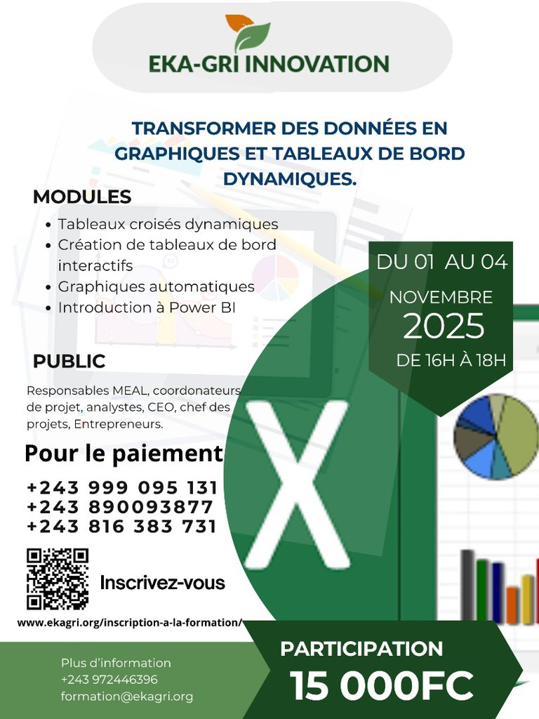 JustinNkumbarhi's tweet image. Sur ce réseau les jeunes passent des journées à parler de la politique. Changeons un peu. Je vous partage une opportunité de formation certifiante en Excel :
Dans le cadre de soutenir nos partenaires et jeunes entrepreneurs, Ekagri lance une formation pratique en Excel à un prix…