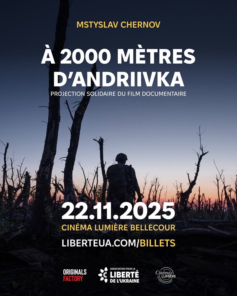 liberteua's tweet photo. Le nouveau documentaire de l'Oscarisé Mstyslav Chernov - "À 2000 mètres d'Andriivka"

Le film retrace avec justesse et émotion la réalité vécue par les soldats ukrainiens lors de la contre-offensive près de Bakhmout.

🎟️ Réservez vos places : https://t.co/dYeSEy3L0a https://t.co/BGuOltDGVh