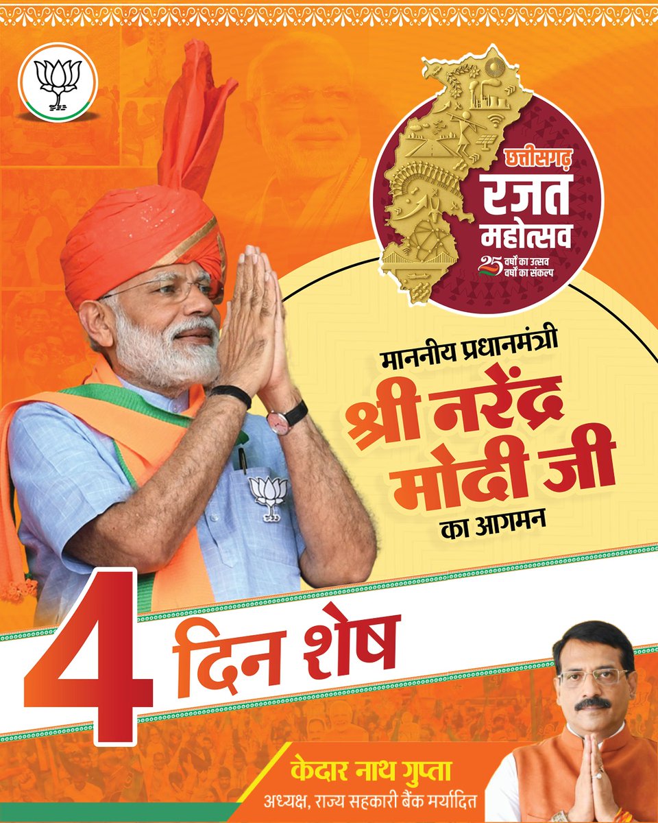 Kedar Nath Gupta (@kedarnathgupta) on Twitter photo छत्तीसगढ़ रजत महोत्सव में माननीय प्रधानमंत्री श्री नरेंद्र मोदी जी का आगमन 4 दिन शेष...
#BJP4CGState छत्तीसगढ़ रजत महोत्सव में माननीय प्रधानमंत्री श्री नरेंद्र मोदी जी का आगमन 4 दिन शेष...
#BJP4CGState