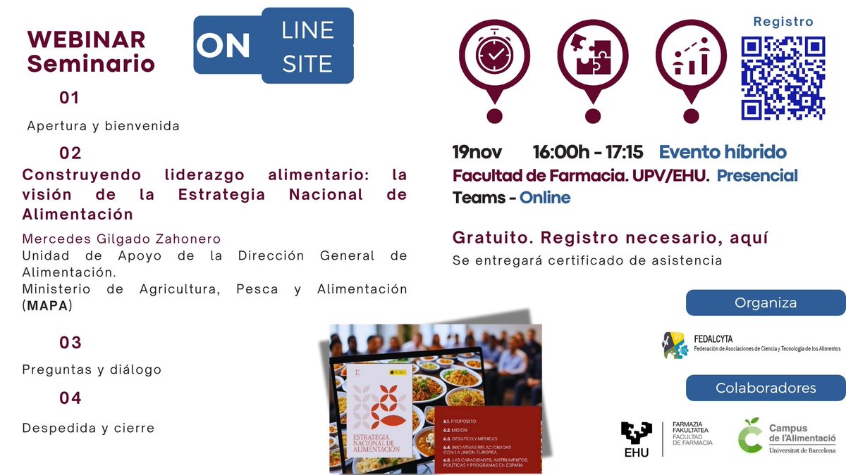 ACTAE_asoc's tweet image. Como miembro de #Fedalcyta, compartimos este seminario ONLINE | @Farmazia_ehu 📅19 nov pm. Gratuito. Registro aquí - forms.gle/WhNFyTNu9mV3Ha… [+ info] - fedalcyta.org/wp/2025/10/21/… #cienciaytecnologiaalimentos #formaciocontinua