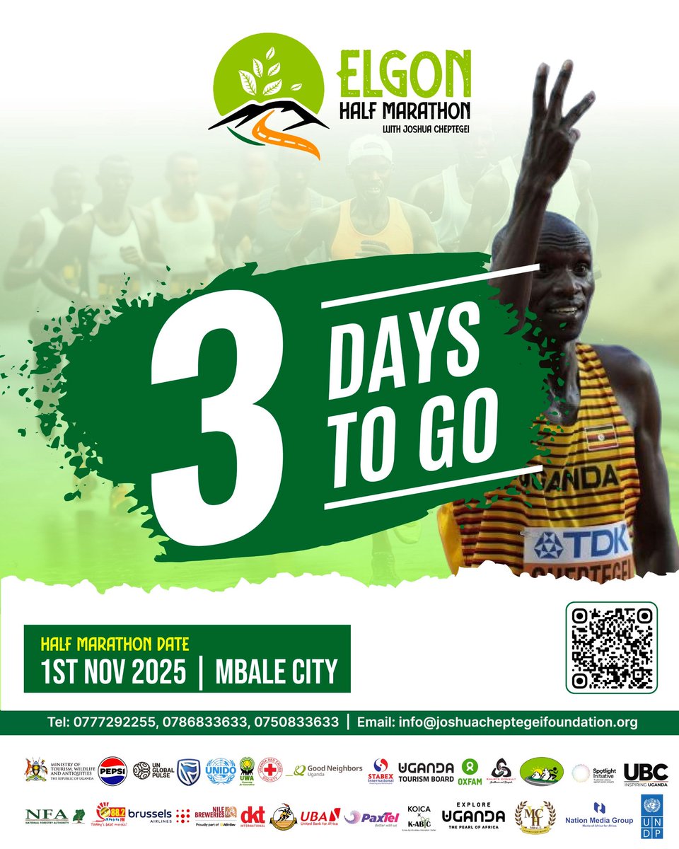 Elgonmarathon's tweet photo. ⏰ *The wait is almost over — just 3 DAYS TO GO!* 🏃‍♀️

Mbale is calling! Are you ready to run for change with the Champion 🥇 @joshuacheptege1 🏃‍♀️!

It's going down this Saturday🔥  01|NOV|2025
#ElgonHalfMarathon
 #RunElgon
 #RunWithJoshua https://t.co/9m50VDWBVd