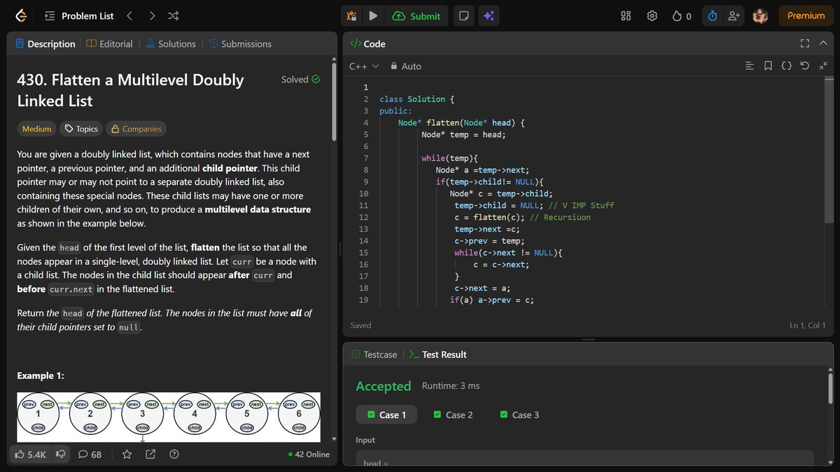 RahulGupta_0's tweet image. 🚀 Day 58 of #100DaysOfCode
Solved LeetCode 138 — Copy List with Random Pointer ✅
Idea:
🔹 Clone nodes & interleave
🔹 Fix random pointers
🔹 Detach cloned list
⏱ O(n) | 💾 O(1)
#LeetCode #Cplusplus #LinkedList #CodingChallenge #DSA #ProblemSolving @harsh__x07