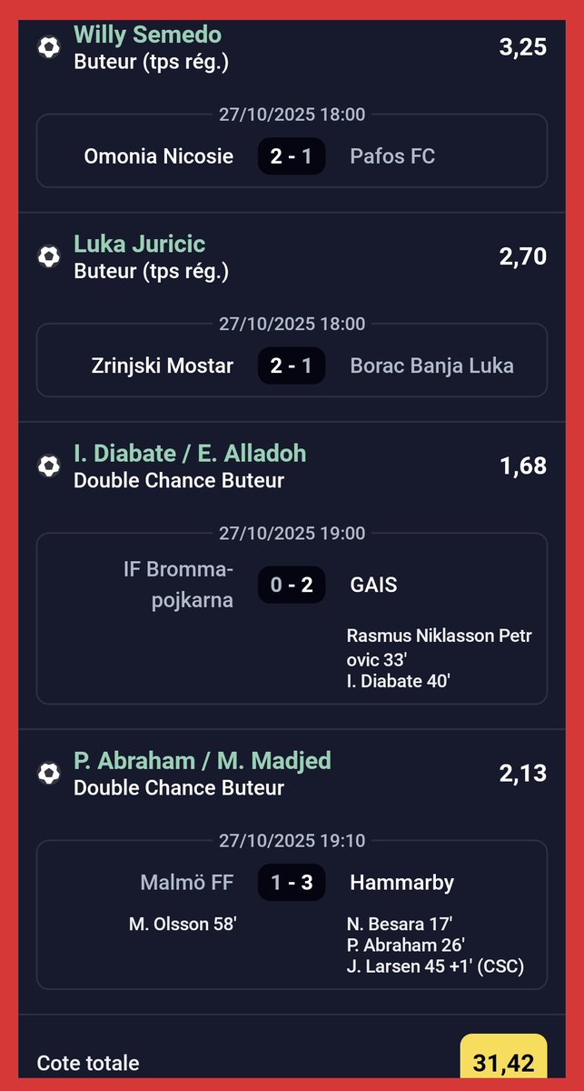 LuckyPronos13's tweet photo. 🌋BOOOOOM COTE A @32 ✅️🔥

C'est fou !! On rentre cette dinguerie réelle @ 31,42  + @ 8,78  la folie totale 🔥🔥

Si tu veux pas louper nos prochaines grosse côtes ou tickets, 
follow @LuckyPronos13 💎

🎁 50€ a gagné permis RT &amp; Followers 

#TeamParieur https://t.co/ZH2tjUmTWO