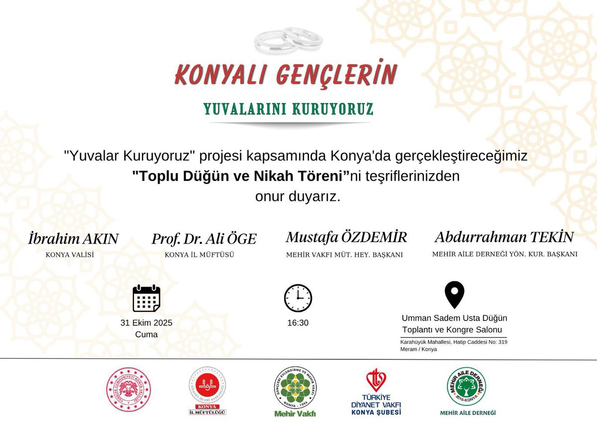 Valiliğimiz Himayesinde Düzenlenen “Toplu Nikâh ve Düğün Töreni” ile 35 Genç Çift Dünya Evine Girecek 

➡️konya.gov.tr/valiligimiz-hi…