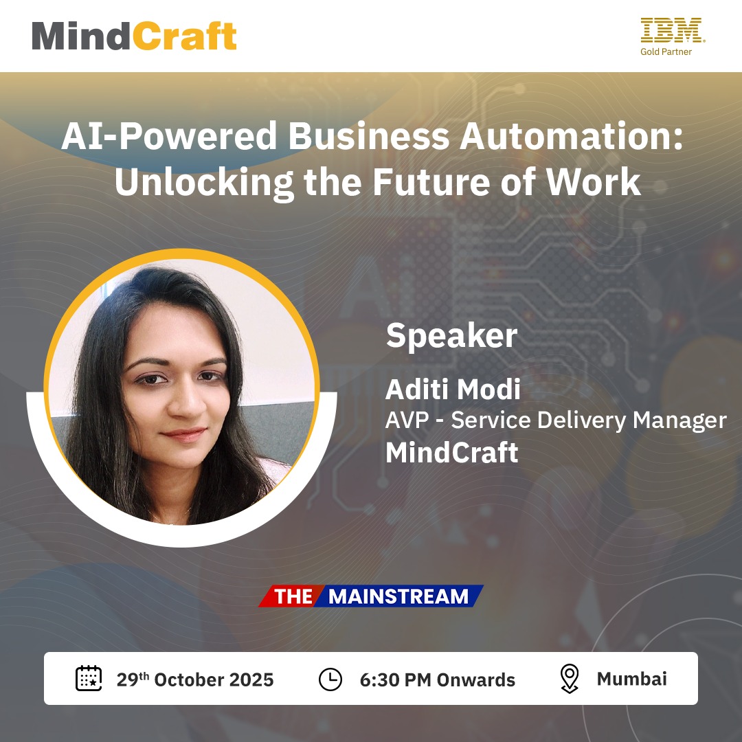 TheMainstream7's tweet image. We are delighted to welcome Aditi Modi, AVP – Service Delivery Manager, as a speaker at “AI-Powered Business Automation: Unlocking the Future of Work” hosted by MindCraft and IBM in collaboration with The Mainstream.

#TheMainstream #MindCraft #IBMAutomation #AIinBFSI