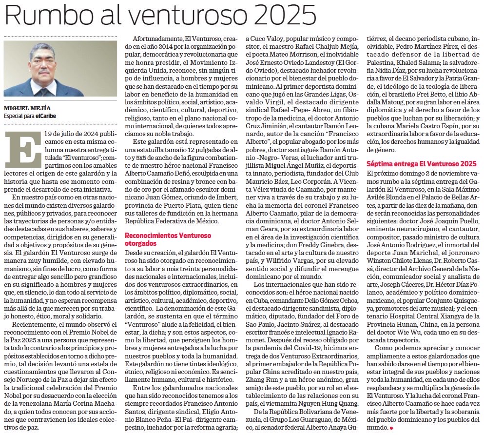 📢 No se pierda el artículo de hoy de nuestro secretario general Miguel Mejía:

Rumbo al Venturoso 2025

En su más reciente entrega, Miguel Mejía reflexiona sobre el origen, evolución y trascendencia del Galardón El Venturoso.

🔗 Leer más: miu.do/rumbo-al-ventu…