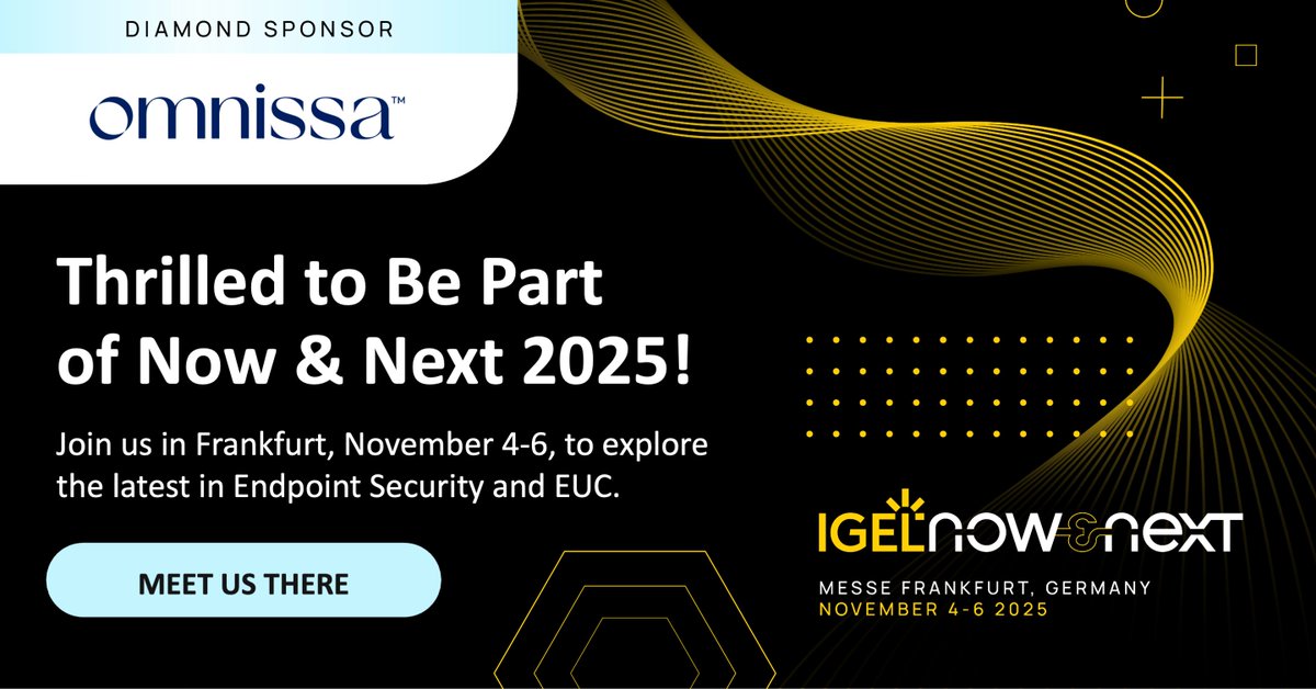 Omnissa is a Diamond Sponsor at #IGELNowAndNext! 🇩🇪

📍 Frankfurt | 🗓️ Nov 4–6 | 🔹 Booth #D3

🎤 Our featured sessions:
Nov 4: Apps on Demand w/ Jeff Ulatoski
Nov 5: Omnissa Platform + IGEL w/ Matt Coppinger &amp; Jeff Ulatoski

Let’s redefine the future of EUC—see you there!