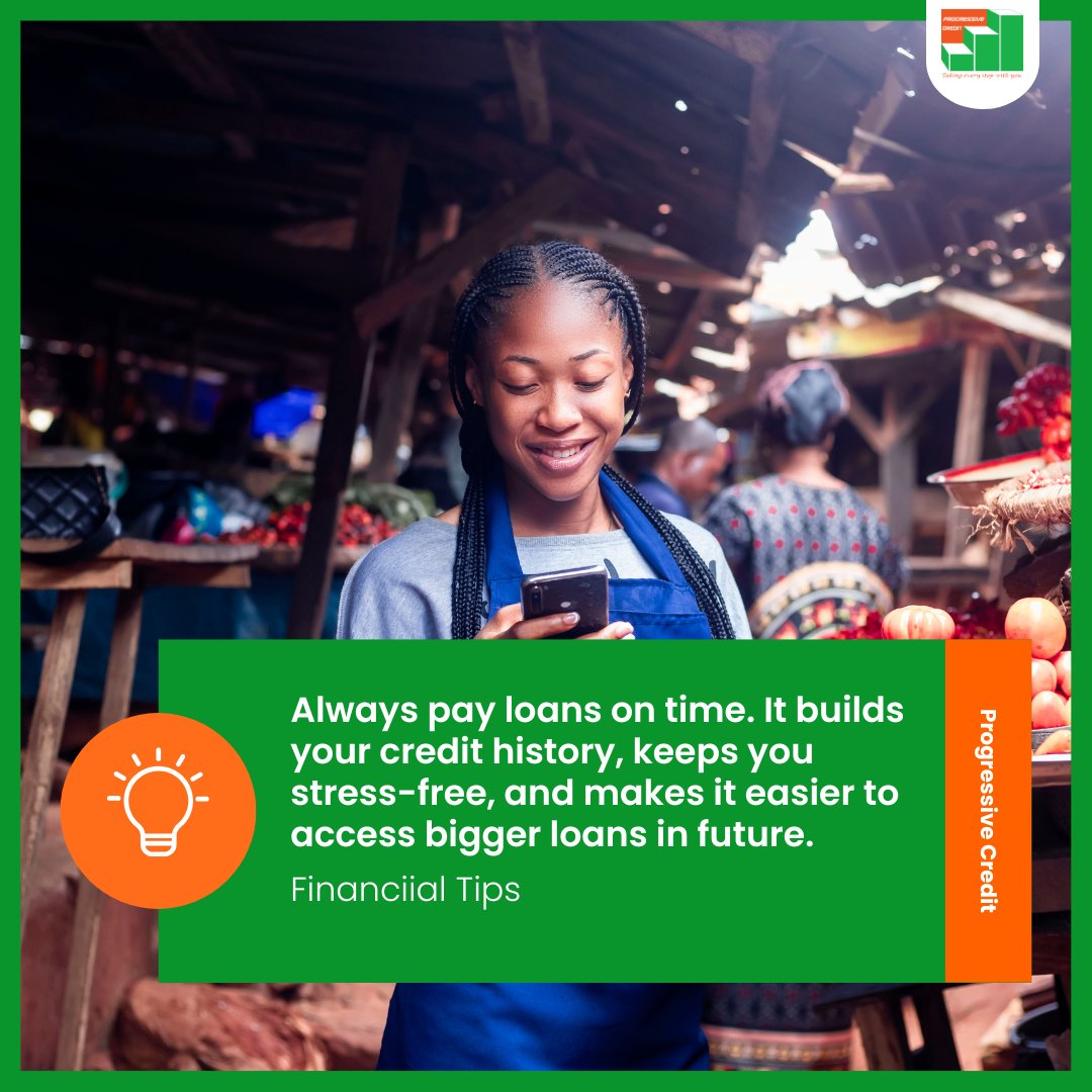 progressivecrke's tweet photo. Financial Tip: Always pay loans on time. It builds your credit history, keeps you stress-free, and makes it easier to access bigger loans in future.
#ProgressiveCredit #FinancialTip https://t.co/pkogj9aigB