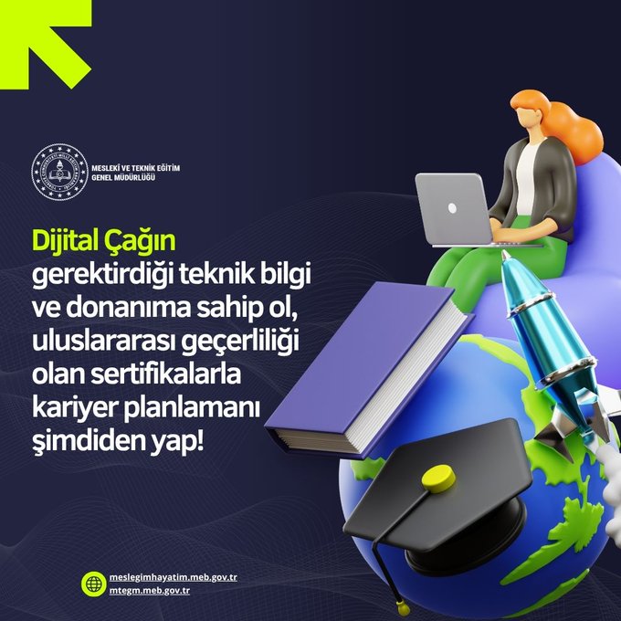 A 3D rendered illustration shows a woman with red hair wearing a gray top sitting cross-legged on a purple bean bag chair using a silver laptop on her lap. She is surrounded by floating educational elements including blue books a blue globe with a yellow graduation cap on top and a blue rocket. The background is dark blue with white text in Turkish reading Dijital Çağın teknik bilgi gerektiridiği teknolojik bilg ile uluslararasına sahipli olan sertifika lara kariyer planlaman simdiden yap overlaid on the image. Official seals and logos of Mesleki ve Teknik Eğitim Genel Müdürlüğü are present at the bottom.