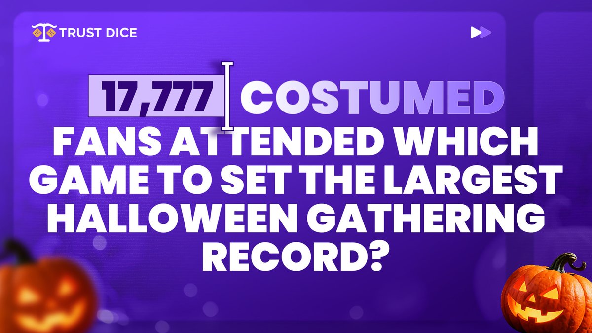 TrustDice's tweet image. It&apos;s #TriviaTuesday!
17,777 costumed fans attended which game to set the largest Halloween gathering record?

👉 Repost, Like &amp;amp; leave your answer and username in the comments below ⬇️

One correct guesser will be randomly selected tomorrow and will get an $10 prize!

#FunAndGames…