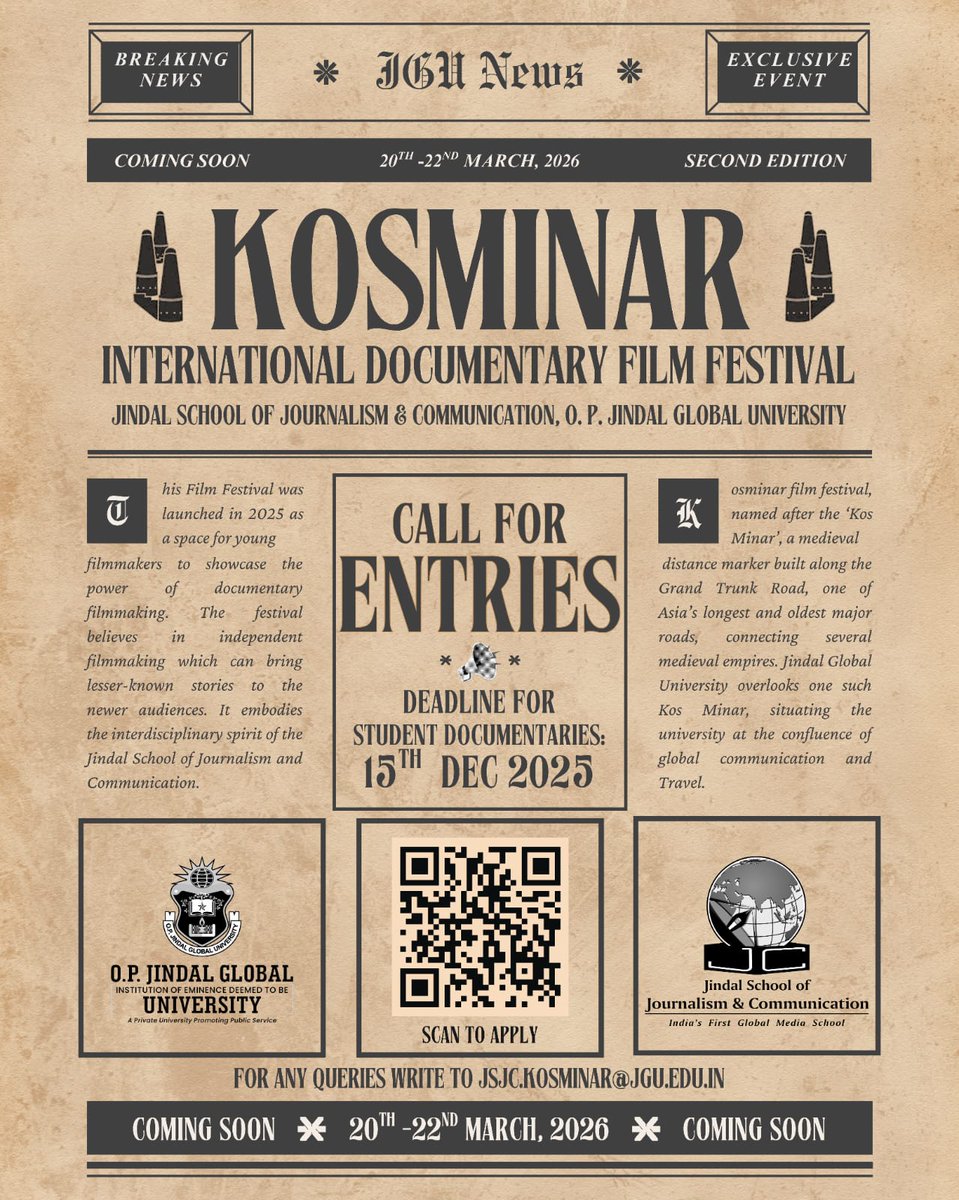 jsjc_jgu's tweet photo. The second edition of Kos Minar International Documentary Film Festival is back! For the first time, we are inviting student entries for our new competitive section! Do scan the QR code for the entry form and guidelines, and spread the word. https://t.co/RZqtgkb9tL