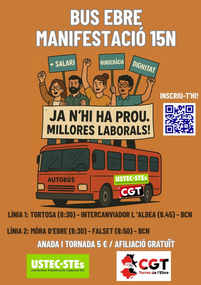 🚍BUSOS a la mani de BCN del 15N des de les #Terres de l’Ebre!!
Organitzem CCGT i USTEC
🪙Anar i tornar 5€ / Gratuït per afiliades
🤬 FARTS de ser els ➕ mal pagats de l’Estat, de RÀTIOS inassumibles, de BUROCRÀCIA
✊🏽JA N'HI HA PROU!
📝Inscripció 👇
forms.gle/T8YWSxgqssFkWy…