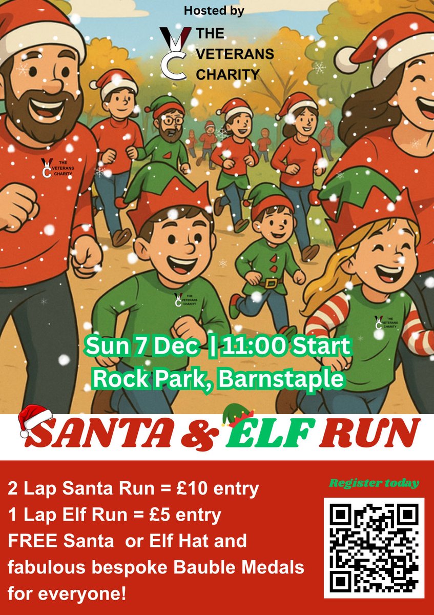 VETERANSCHARITY's tweet image. 🎅🧝 It’s time to get festive AND fit!
Join the Santa &amp;amp; Elf Run at Rock Park on Sun 7 Dec 🎄
🏃‍♀️ Santas = 2 laps | Elves = 1 lap
🕤 Check-in 09:30–10:30 | 🏁 Start 11:00

🎟️ Register: santaandelfrun.eventbrite.co.uk

#SantaAndElfRun #FestiveFunRun #NorthDevon #VeteransCharity