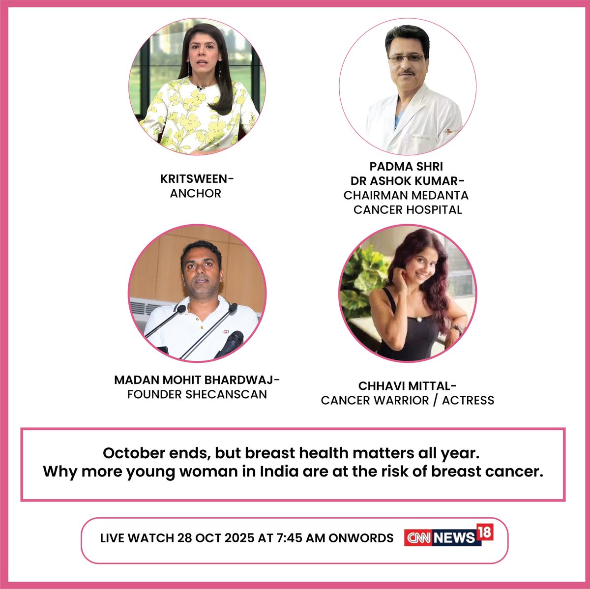 #Cancer is something that has already knocked on the doors of almost every home. <a href="/SheCan_Scan/">SheCanScan</a> is India’s first all women cancer screening Centre. Watch #Breakfastclub eon <a href="/CNNnews18/">News18</a> with World’s best Oncologist #PadmaShri Dr <a href="/drashokkvaid/">dr ashok k vaid</a> a must watch show by <a href="/kritsween/">Kritsween Walia</a>