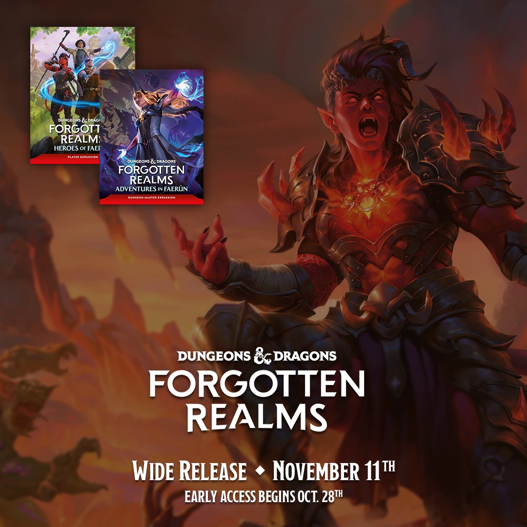 Wizards_DnD's tweet photo. Forgotten Realms: Adventures in Faerûn and Heroes of Faerûn go live November 11.

Early access starts today with your Master Tier subscription, pre-order now: https://t.co/by1NEukqVg https://t.co/NHa9uLJQm4