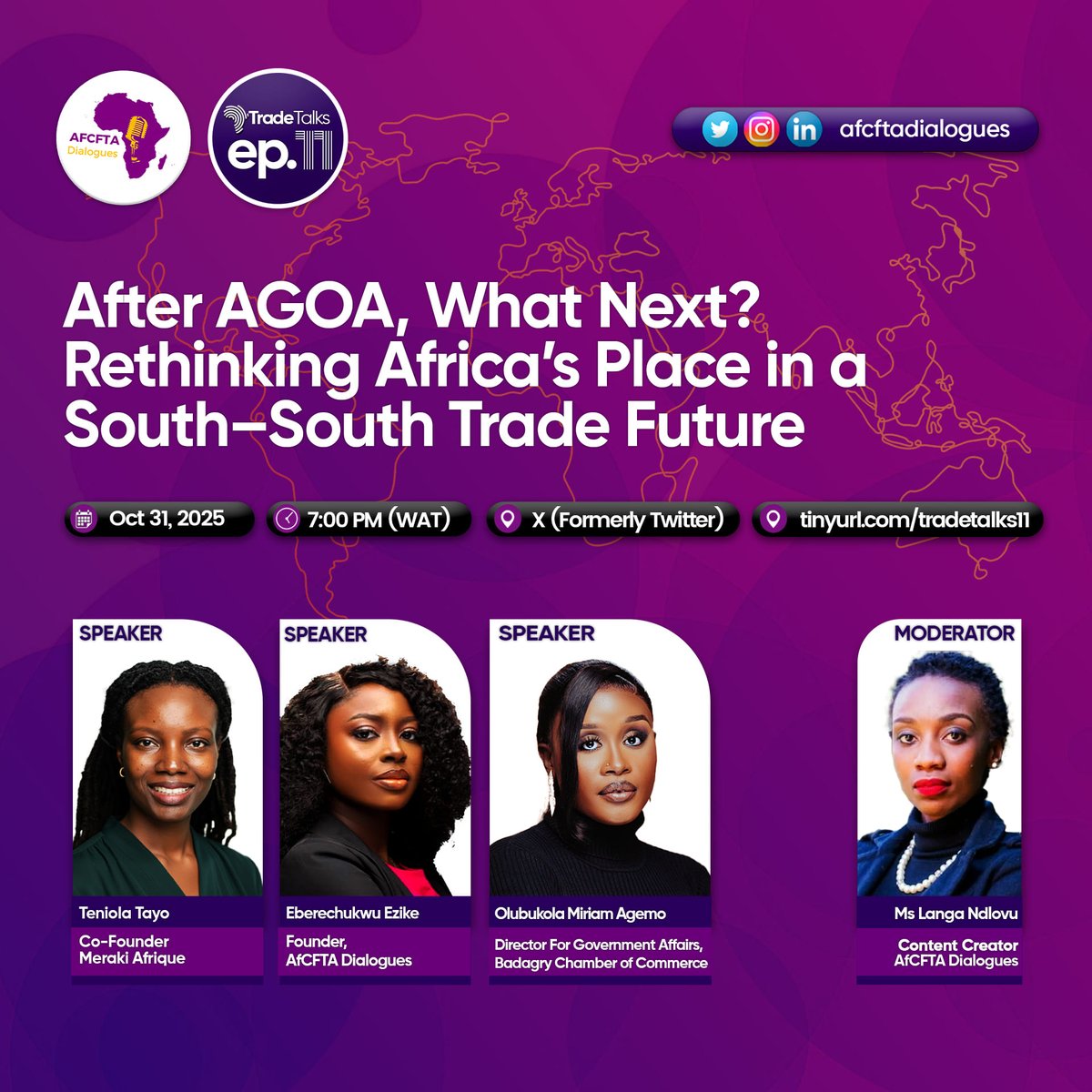 With #AGOA’s end and no clear sign of renewal, Africa stands at a crossroads. How can the continent reshape trade ties &amp; build stronger regional value chains?

🎙️Join us for #TradeTalks Ep.11
🗓️Oct 31, 2025 | 7PM WAT
🔗tinyurl.com/tradetalks11

Let’s rethink Africa’s trade future.